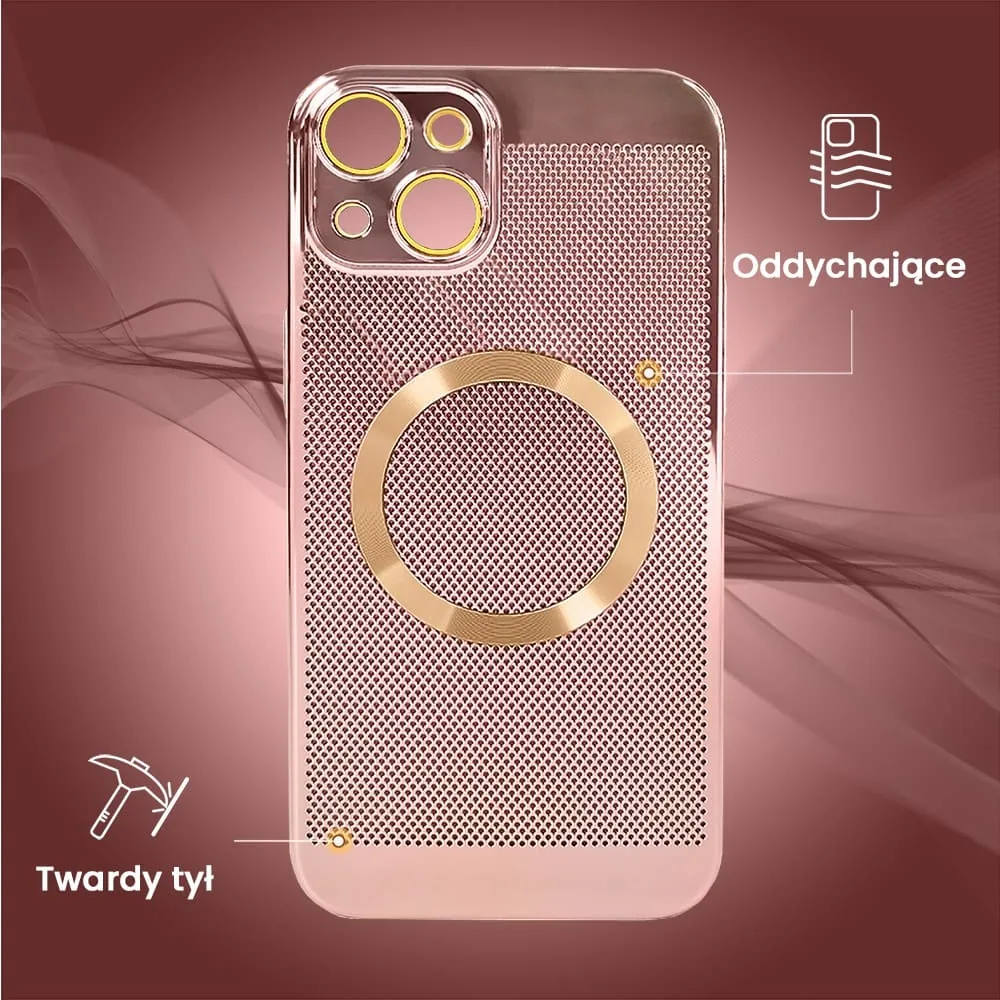 Etui do iPhone 15 Plus z Magsafe, cienkie, twarde, oddychające, z osłoną aparatu, różowe złoto