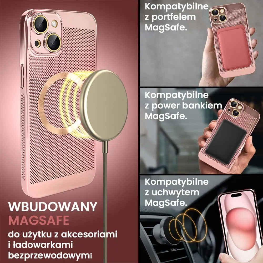 Etui do iPhone 15 Plus z Magsafe, cienkie, twarde, oddychające, z osłoną aparatu, różowe złoto
