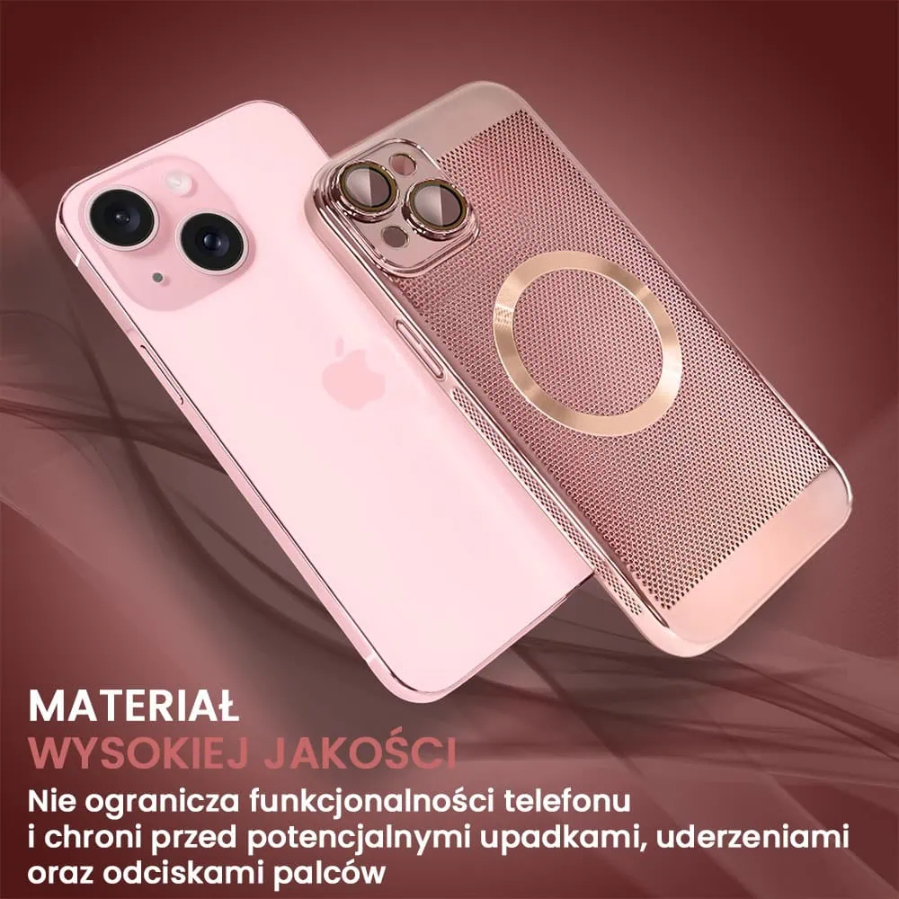 Etui do iPhone 15 Plus z Magsafe, cienkie, twarde, oddychające, z osłoną aparatu, różowe złoto