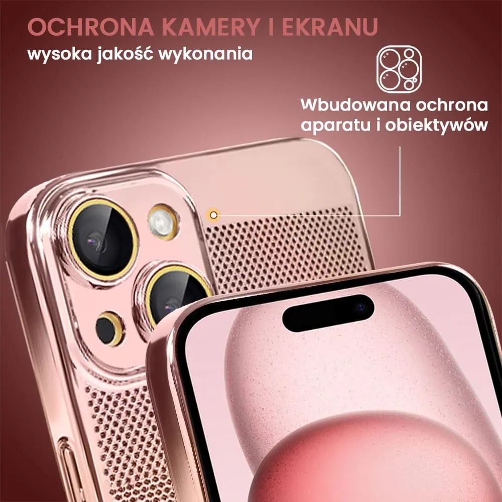 Etui do iPhone 15 Plus z Magsafe, cienkie, twarde, oddychające, z osłoną aparatu, różowe złoto
