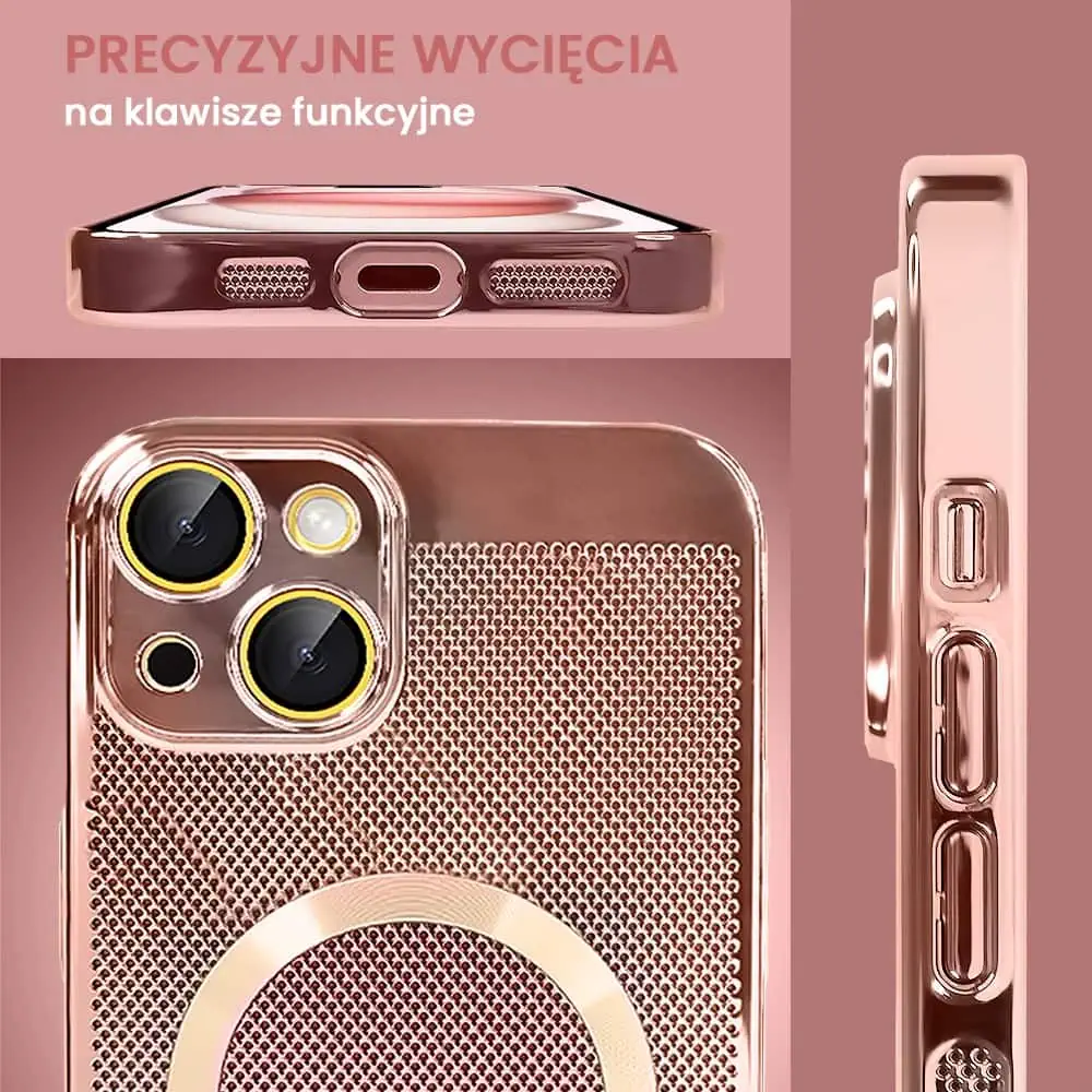 Etui do iPhone 15 Plus z Magsafe, cienkie, twarde, oddychające, z osłoną aparatu, różowe złoto