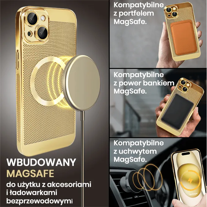Etui do iPhone 15 Plus z Magsafe, cienkie, twarde, oddychające, z osłoną aparatu, złote (OUTLET)