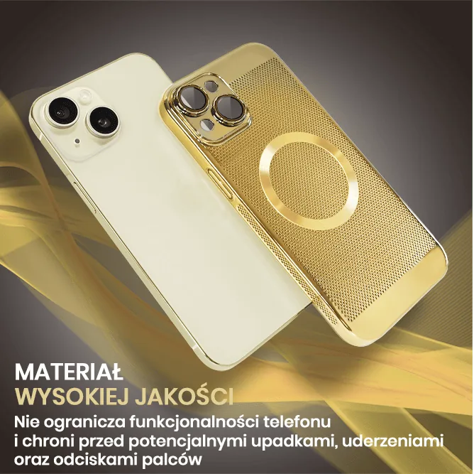 Etui do iPhone 15 Plus z Magsafe, cienkie, twarde, oddychające, z osłoną aparatu, złote (OUTLET)