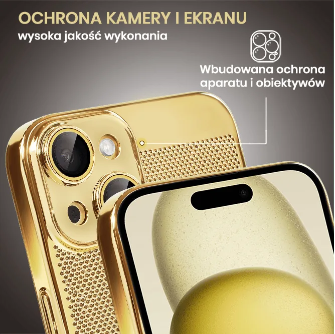 Etui do iPhone 15 Plus z Magsafe, cienkie, twarde, oddychające, z osłoną aparatu, złote (OUTLET)