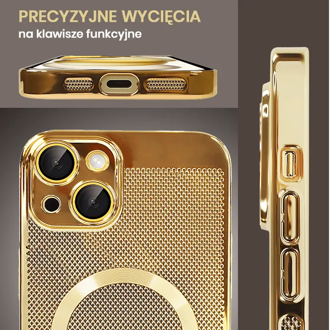Etui do iPhone 15 Plus z Magsafe, cienkie, twarde, oddychające, z osłoną aparatu, złote (OUTLET)