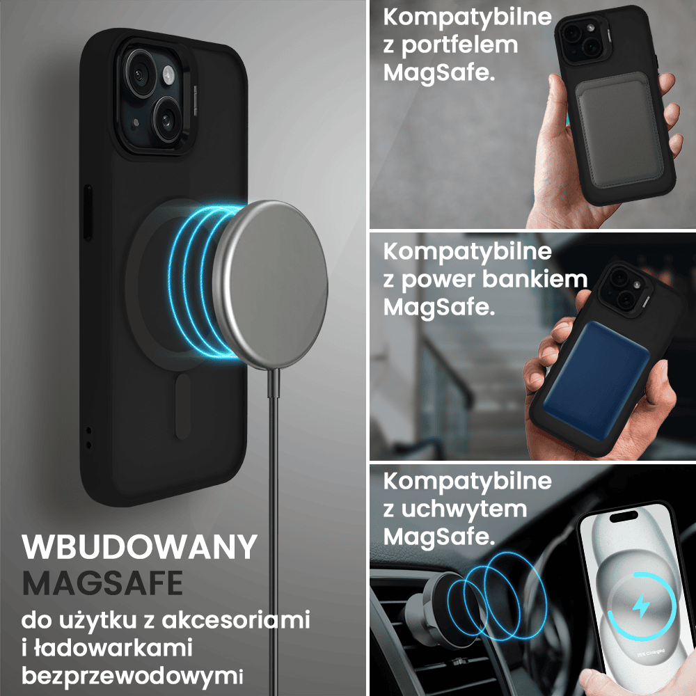 Etui do iPhone 15 Plus Arctic Stand, półprzeźroczyste, z osłoną aparatu i podstawką, czarne