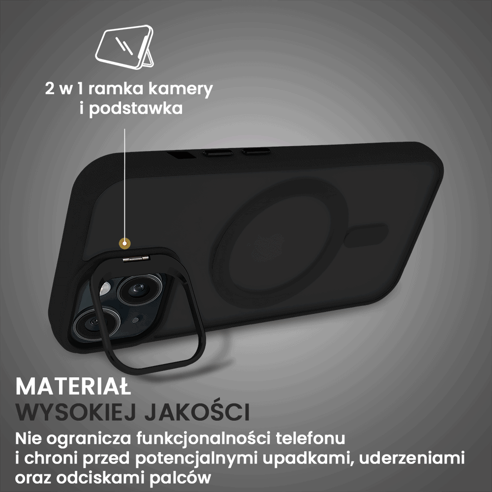 Etui do iPhone 15 Plus Arctic Stand, półprzeźroczyste, z osłoną aparatu i podstawką, czarne
