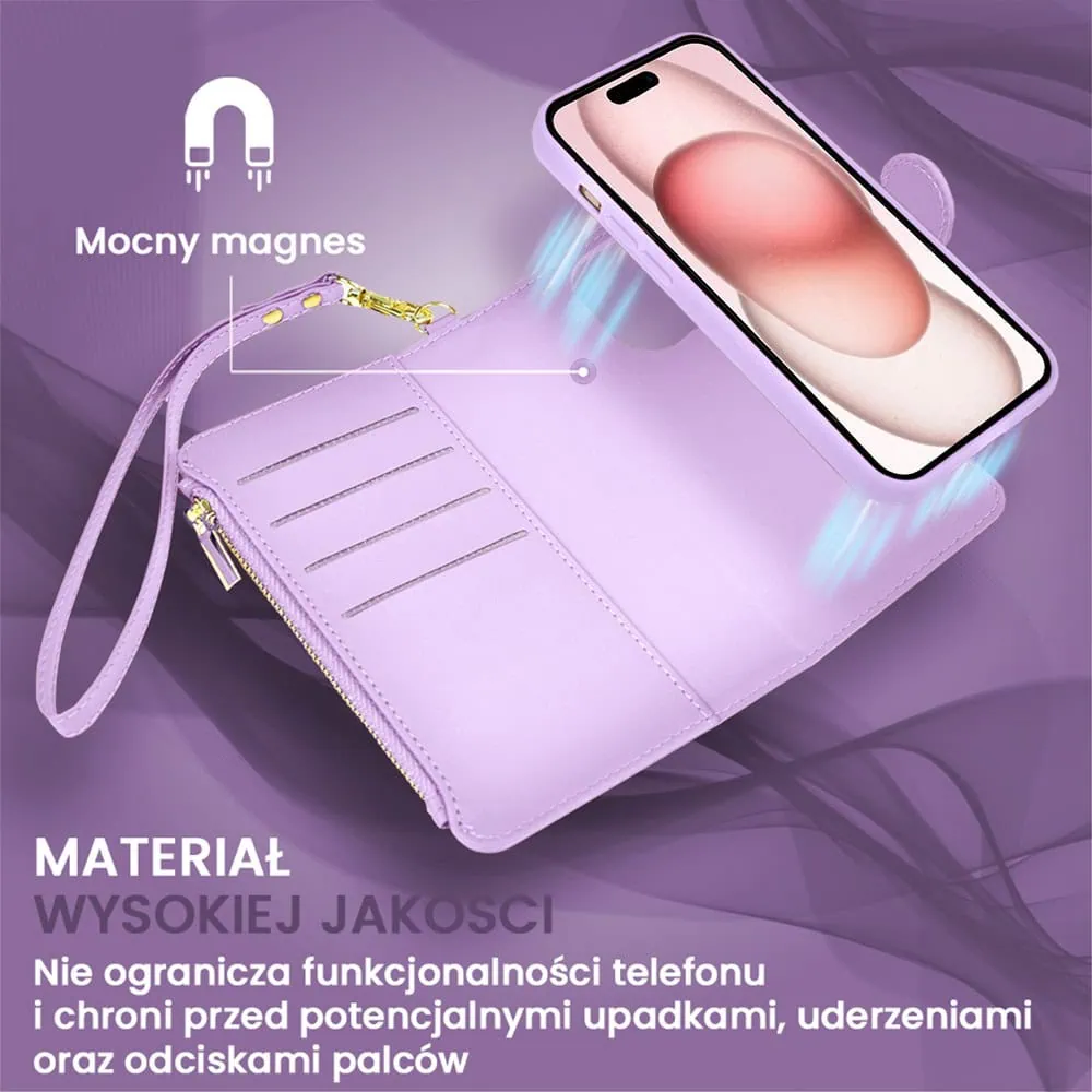 Etui do iPhone 15 2w1 Magsafe Double Wallet, zestaw etui oraz kabura ze smyczą, fioletowe