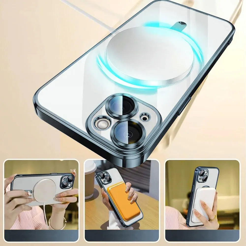 Etui do iPhone 15 MagSafe Luxury Protect przeźroczyste, hybrydowa ochrona kamery, błękitne