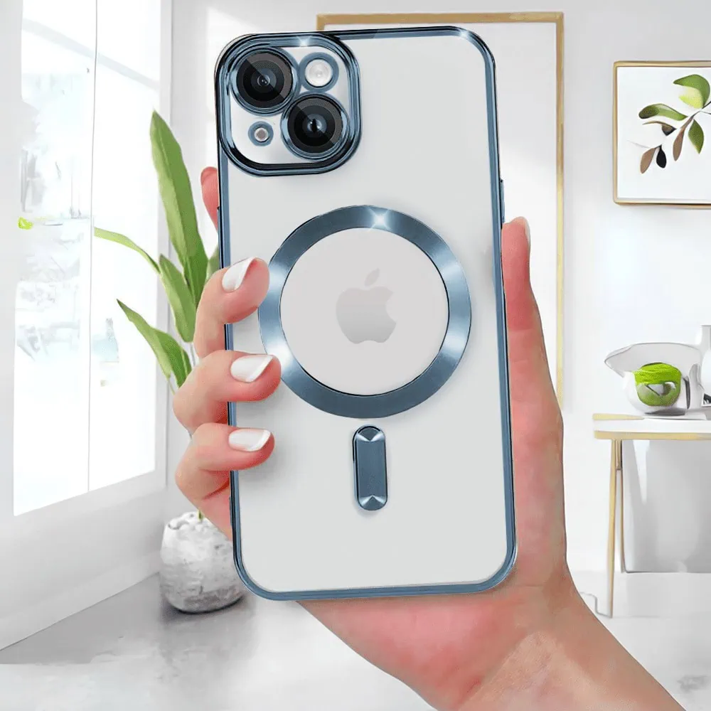 Etui do iPhone 15 MagSafe Luxury Protect przeźroczyste, hybrydowa ochrona kamery, błękitne