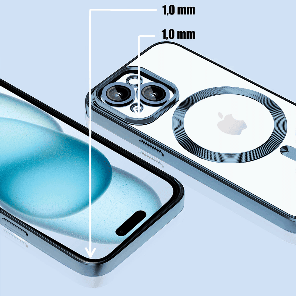 Etui do iPhone 15 MagSafe Luxury Protect przeźroczyste, hybrydowa ochrona kamery, błękitne