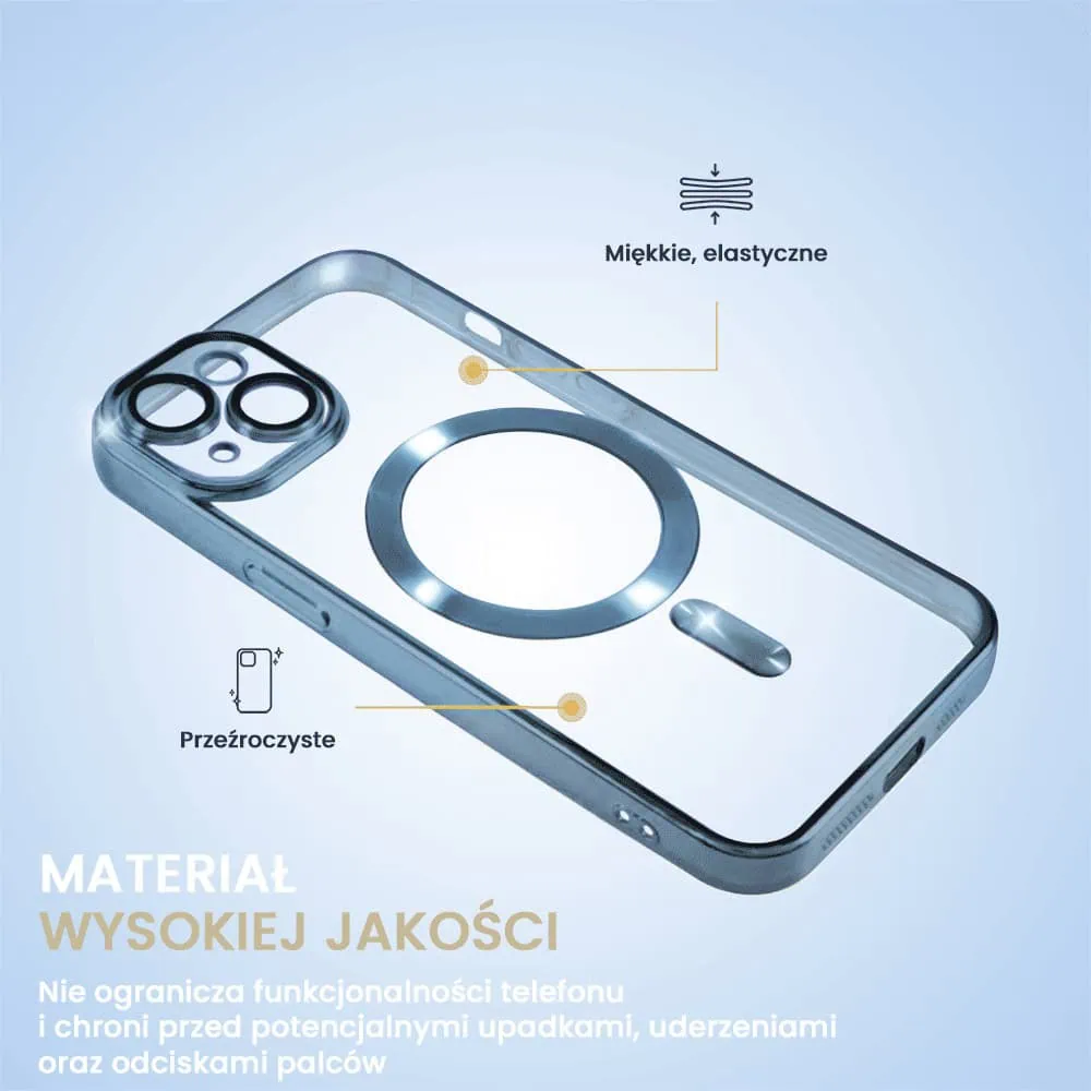 Etui do iPhone 15 MagSafe Luxury Protect przeźroczyste, hybrydowa ochrona kamery, błękitne