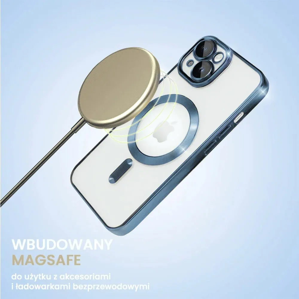 Etui do iPhone 15 MagSafe Luxury Protect przeźroczyste, hybrydowa ochrona kamery, błękitne