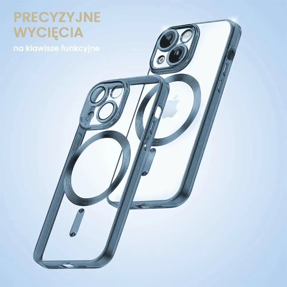 Etui do iPhone 15 MagSafe Luxury Protect przeźroczyste, hybrydowa ochrona kamery, błękitne