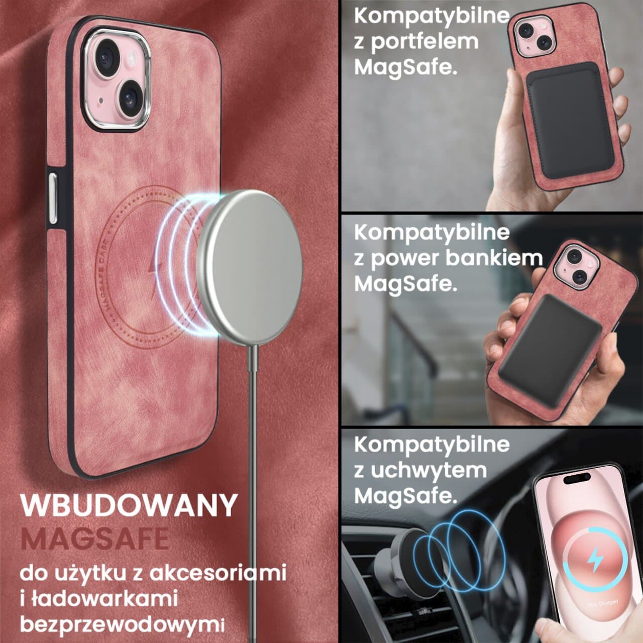 Etui do iPhone 15 Magsafe Business Leather, eleganckie, przyjemne w dotyku, koralowe