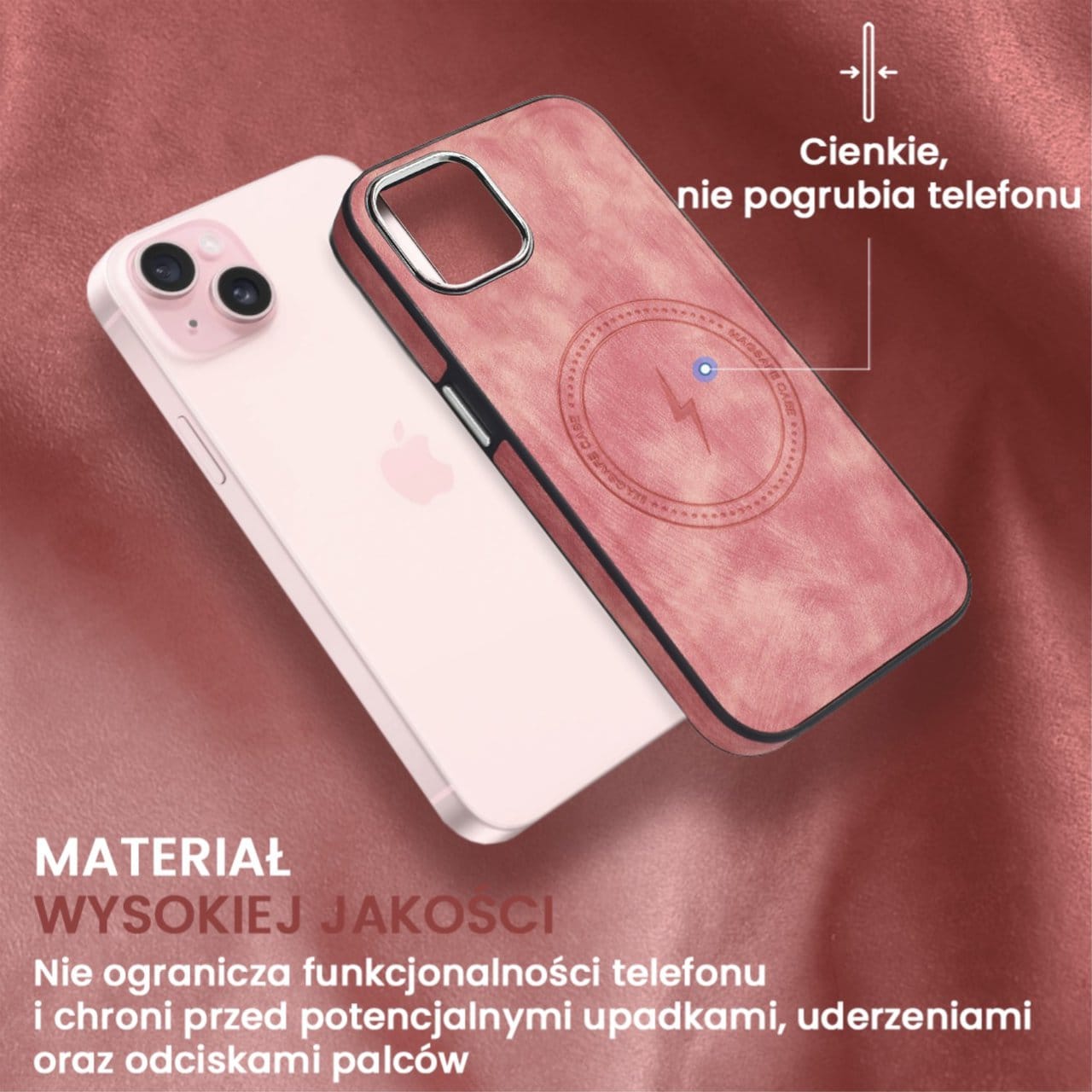 Etui do iPhone 15 Magsafe Business Leather, eleganckie, przyjemne w dotyku, koralowe