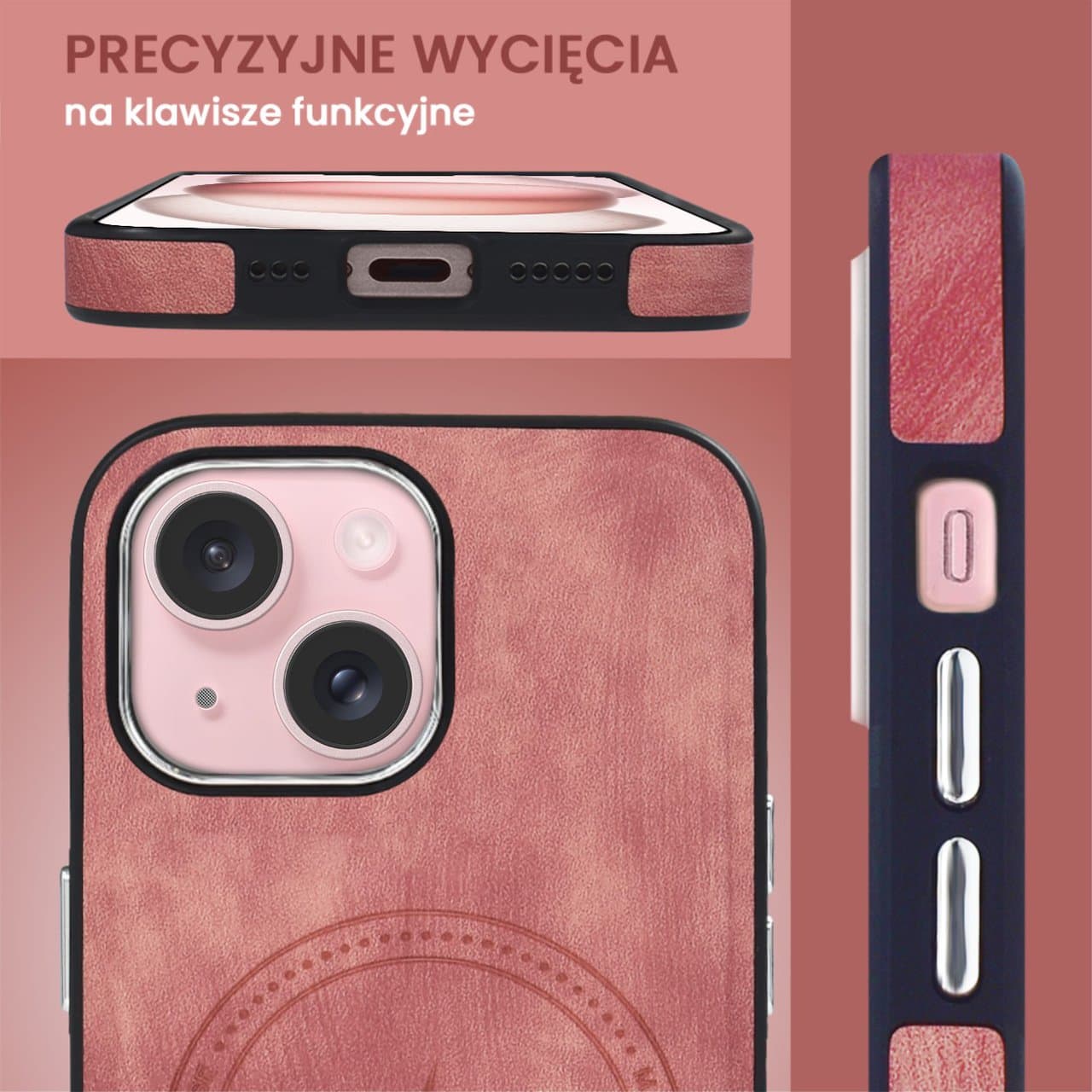 Etui do iPhone 15 Magsafe Business Leather, eleganckie, przyjemne w dotyku, koralowe