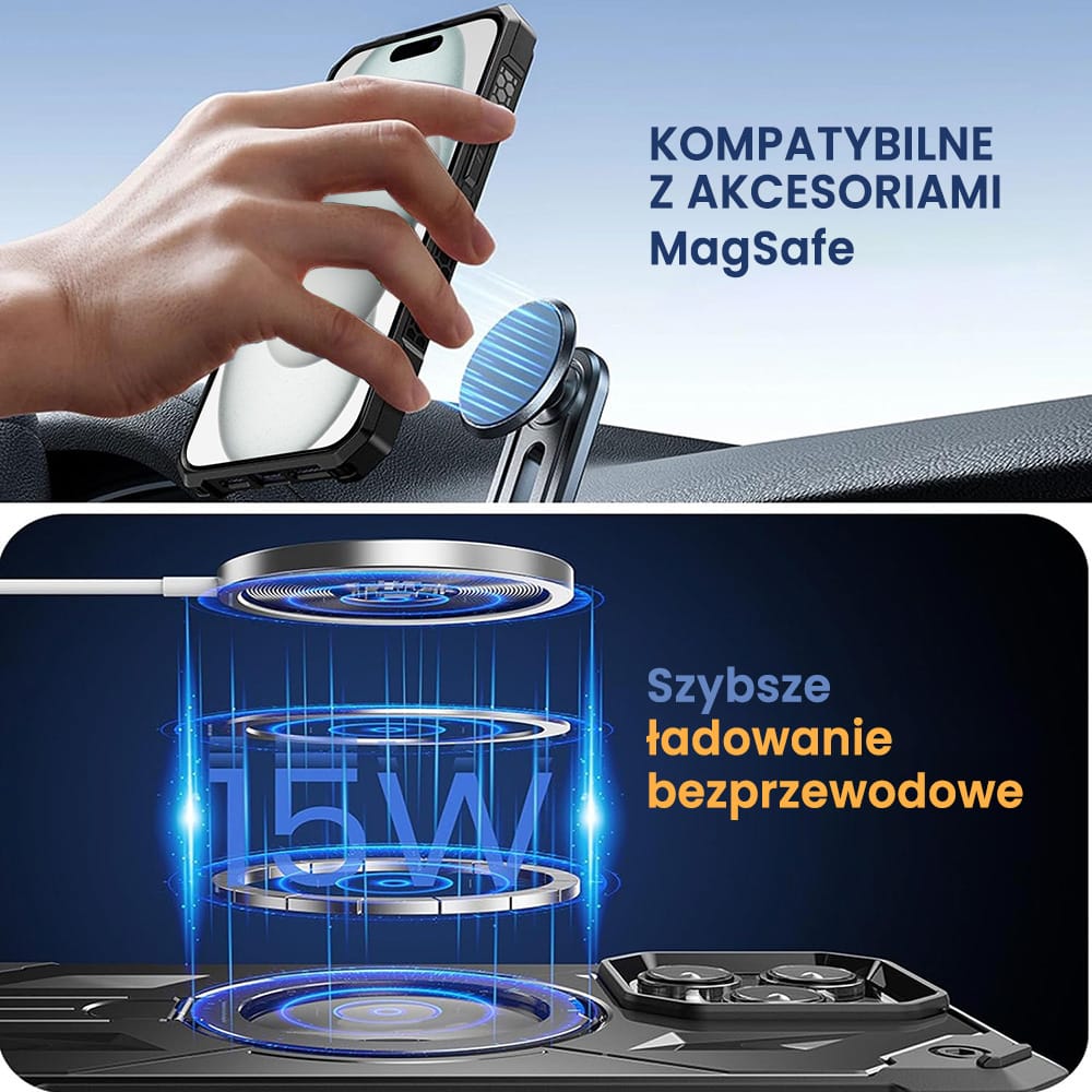 Etui do iPhone 15 Plus Armored Metal Cam MagSafe Stand z podstawką, czarne