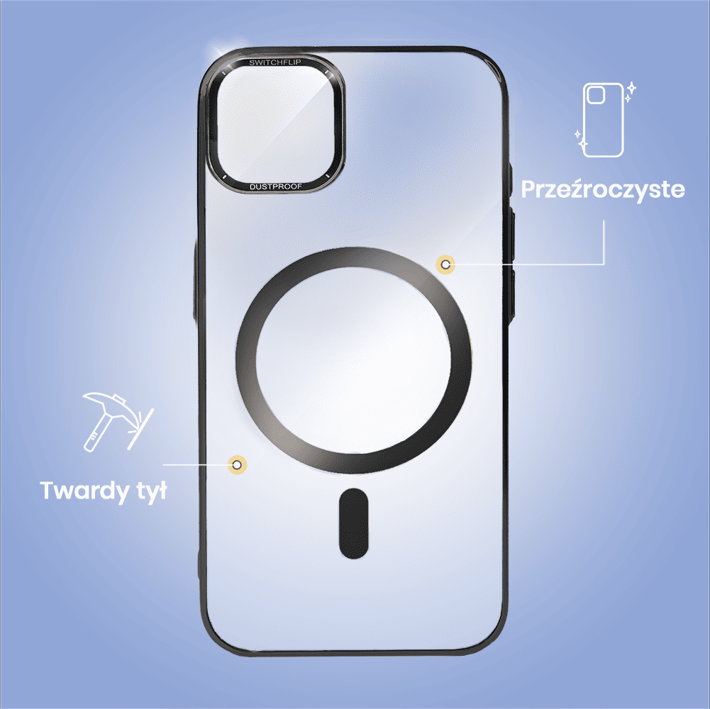 Etui do iPhone 15 Cam Window, z osłoną aparatu i podstawką, twarde, czarny