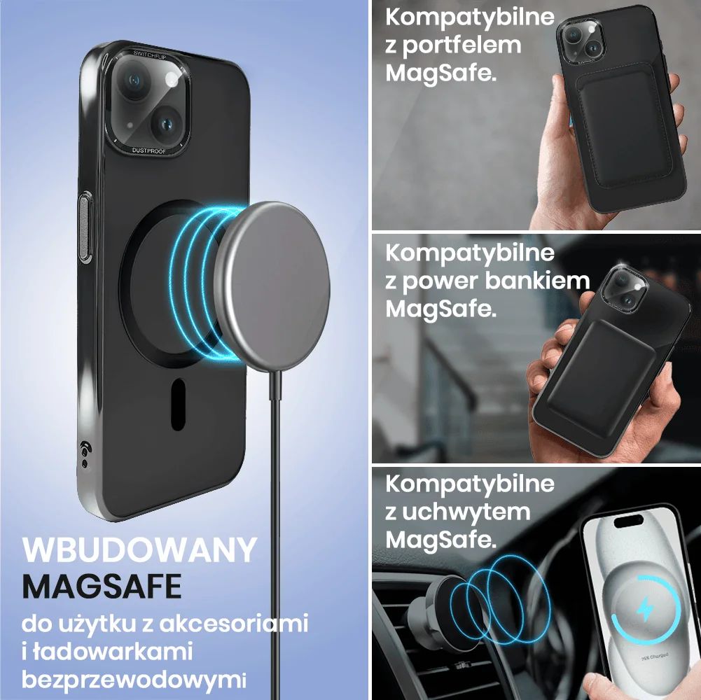 Etui do iPhone 15 Cam Window, z osłoną aparatu i podstawką, twarde, czarny