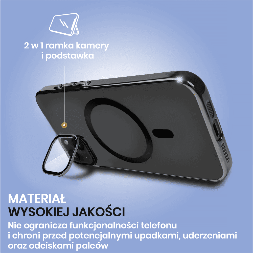 Etui do iPhone 15 Cam Window, z osłoną aparatu i podstawką, twarde, czarny