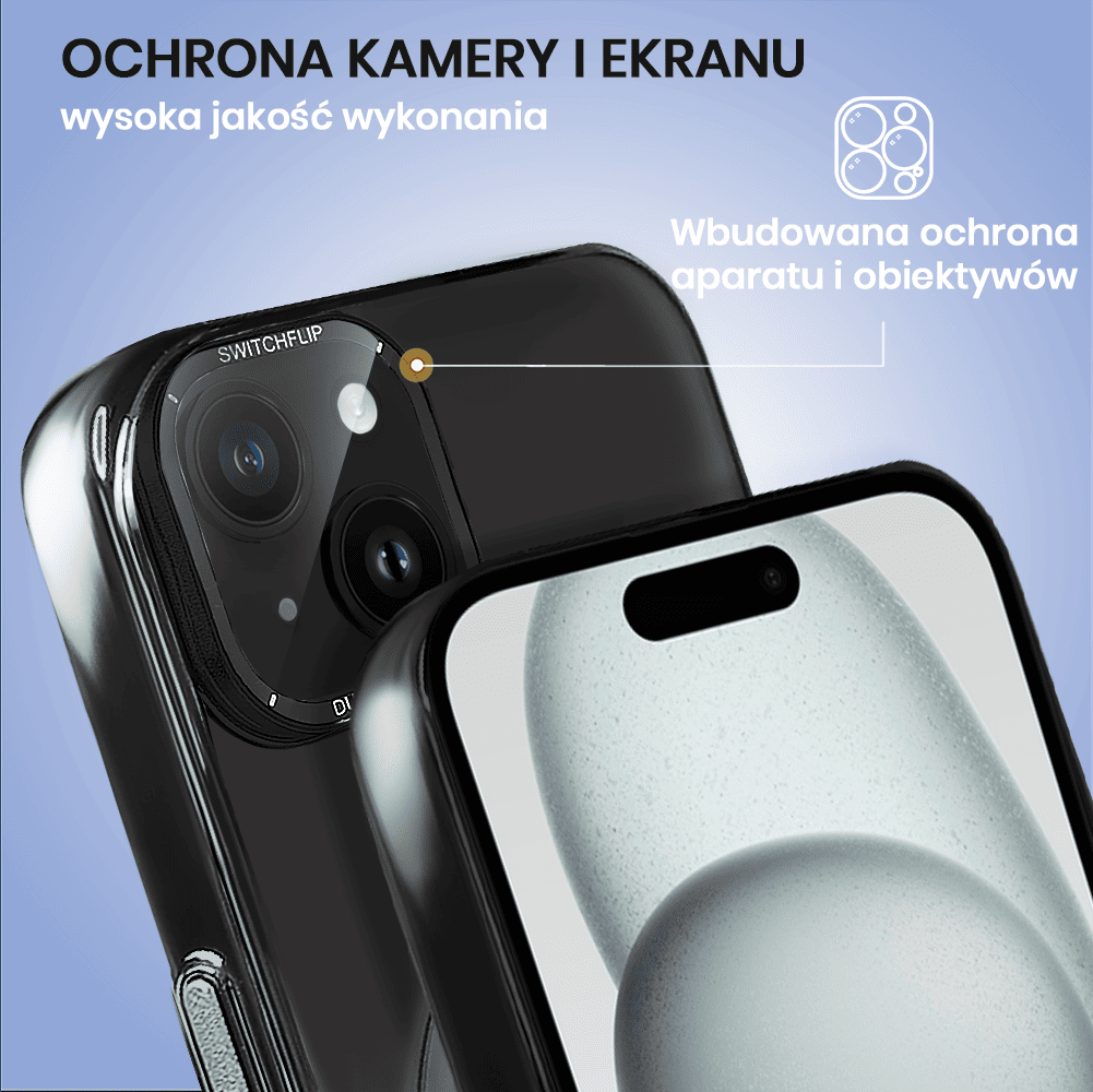 Etui do iPhone 15 Cam Window, z osłoną aparatu i podstawką, twarde, czarny