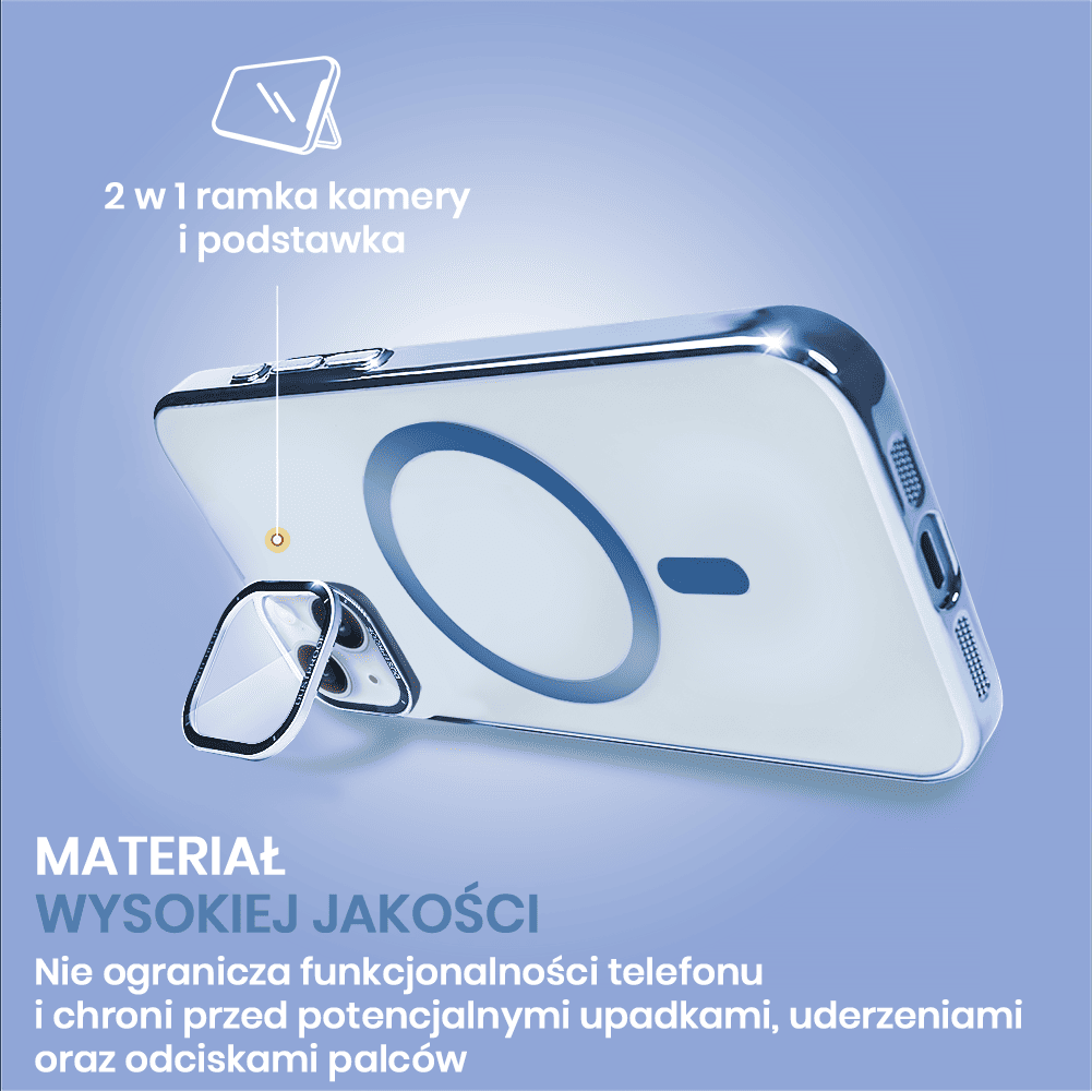 Etui do iPhone 15 Cam Window, z osłoną aparatu i podstawką, twarde, niebieskie