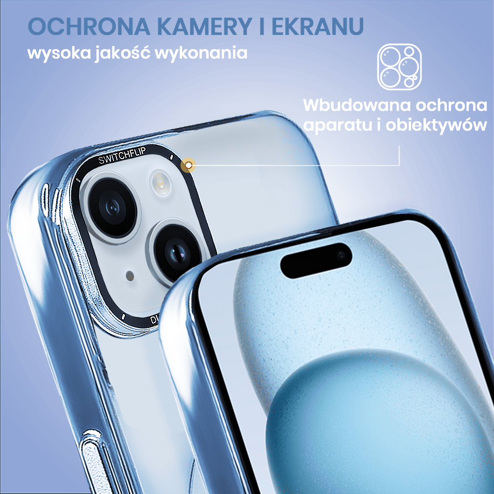 Etui do iPhone 15 Cam Window, z osłoną aparatu i podstawką, twarde, niebieskie