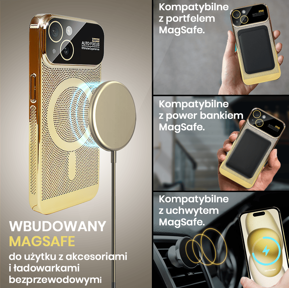 Etui do iPhone 15 Camera Beam Magsafe oddychające, złote