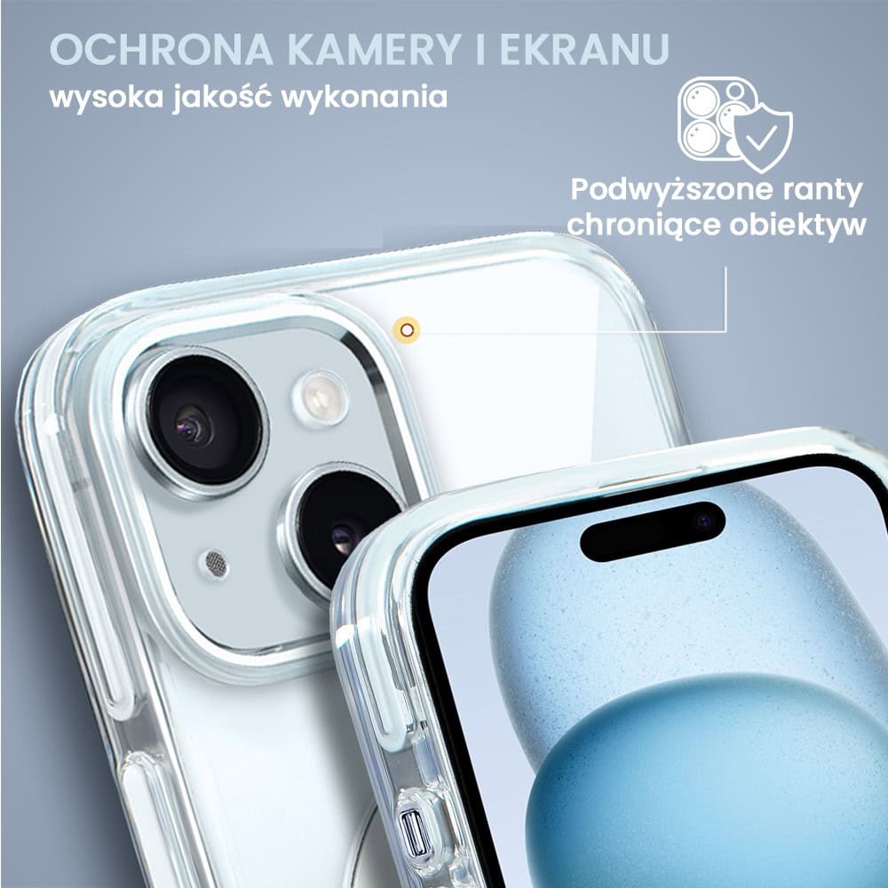 Etui do iPhone 15 Clear Steel MagSafe, z podstawką, przeźroczysty tył, białe
