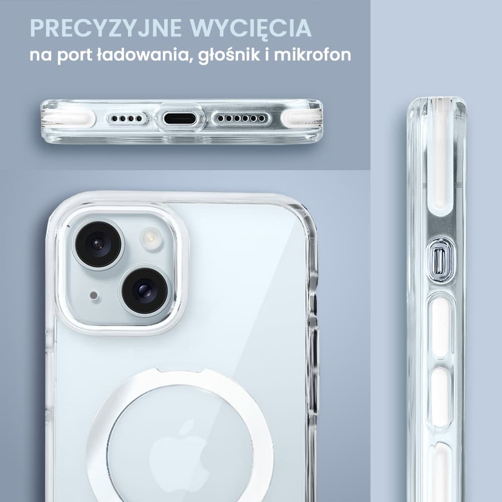 Etui do iPhone 15 Clear Steel MagSafe, z podstawką, przeźroczysty tył, białe