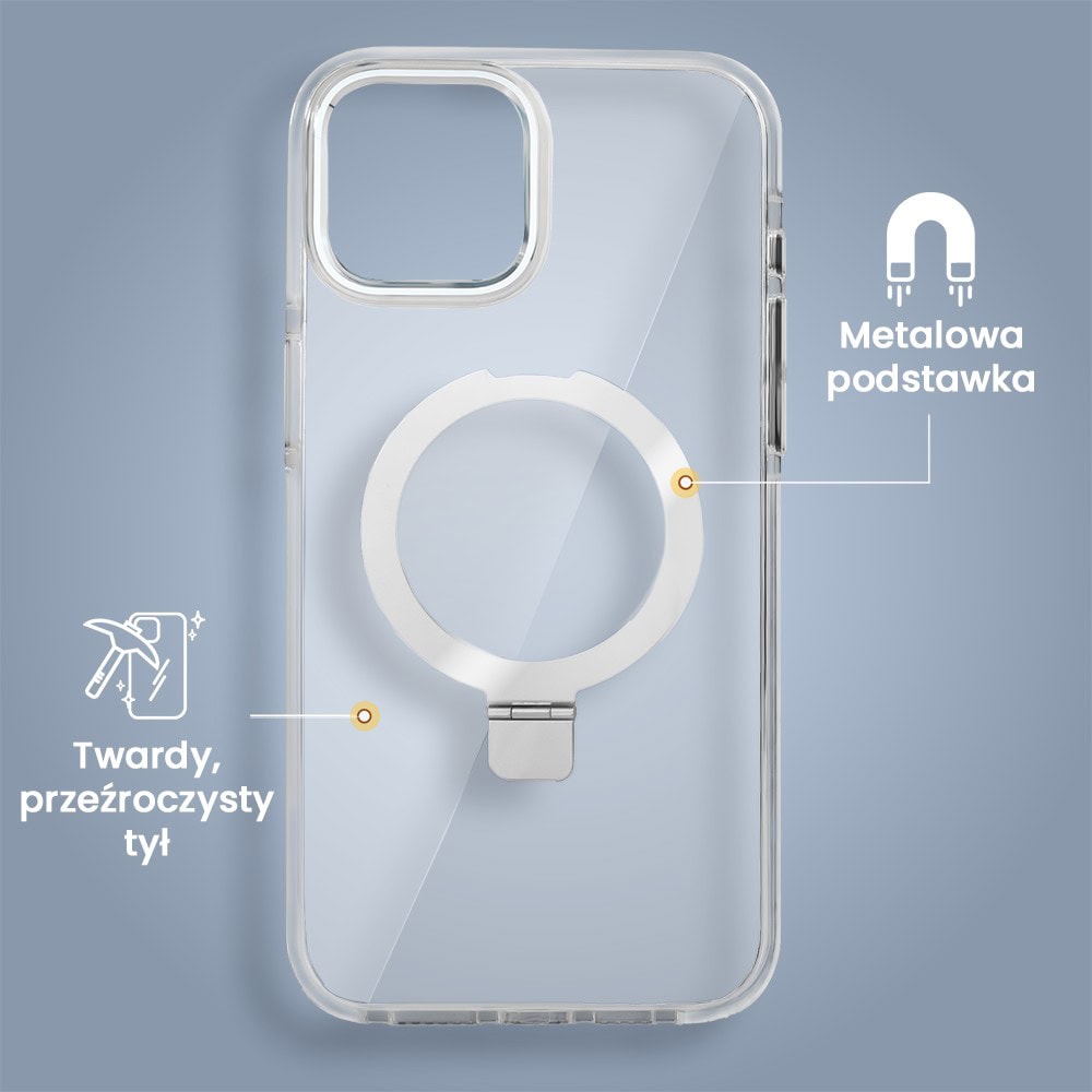 Etui do iPhone 15 Clear Steel MagSafe, z podstawką, przeźroczysty tył, białe