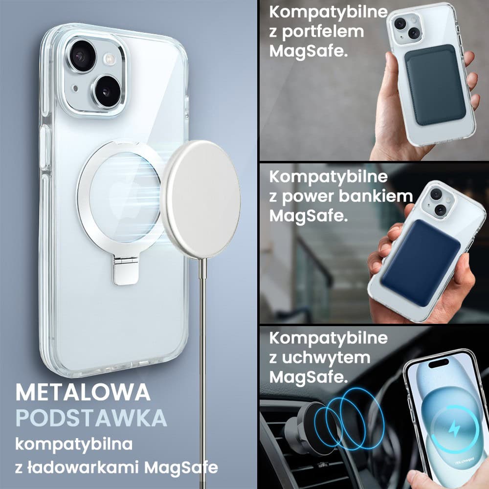 Etui do iPhone 15 Clear Steel MagSafe, z podstawką, przeźroczysty tył, białe