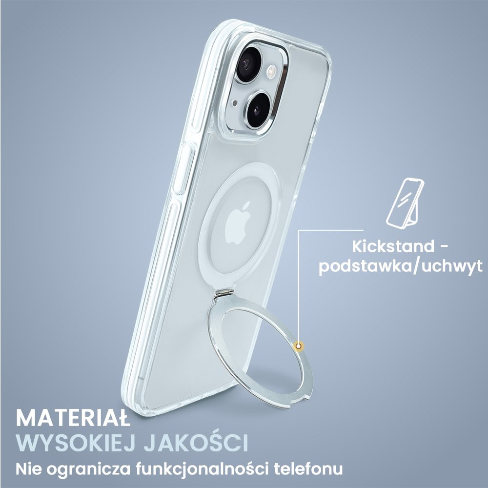 Etui do iPhone 15 Clear Steel MagSafe, z podstawką, przeźroczysty tył, białe