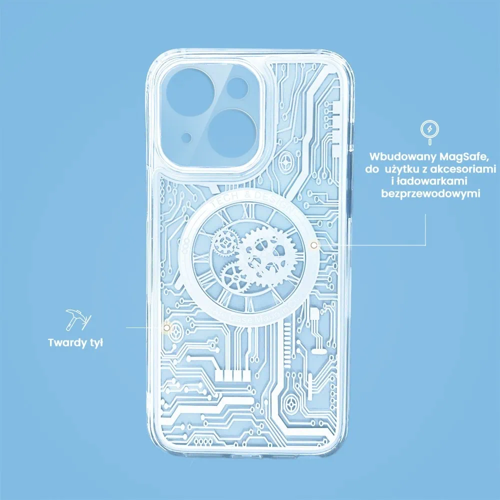 Etui do iPhone 15 ClockWork MagSafe, przeźroczyste z mechanizmem w środku, srebrne