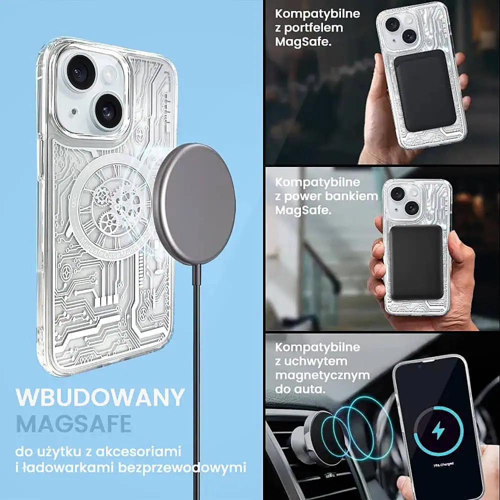Etui do iPhone 15 ClockWork MagSafe, przeźroczyste z mechanizmem w środku, srebrne