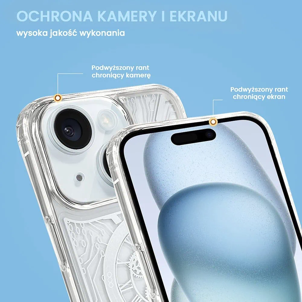 Etui do iPhone 15 ClockWork MagSafe, przeźroczyste z mechanizmem w środku, srebrne