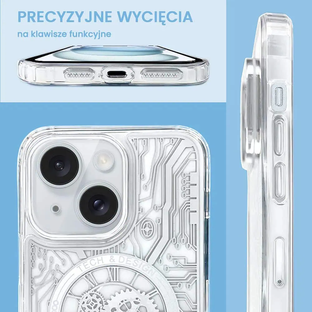 Etui do iPhone 15 ClockWork MagSafe, przeźroczyste z mechanizmem w środku, srebrne