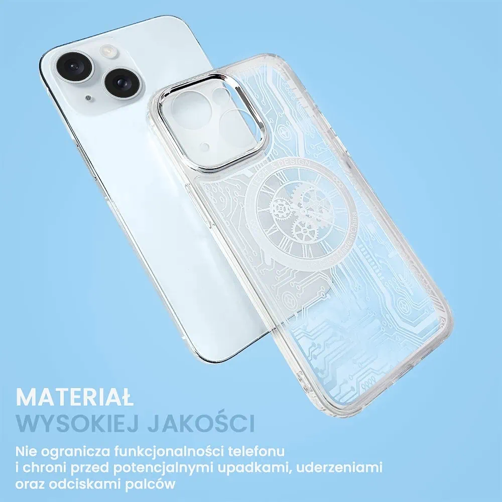 Etui do iPhone 15 ClockWork MagSafe, przeźroczyste z mechanizmem w środku, srebrne