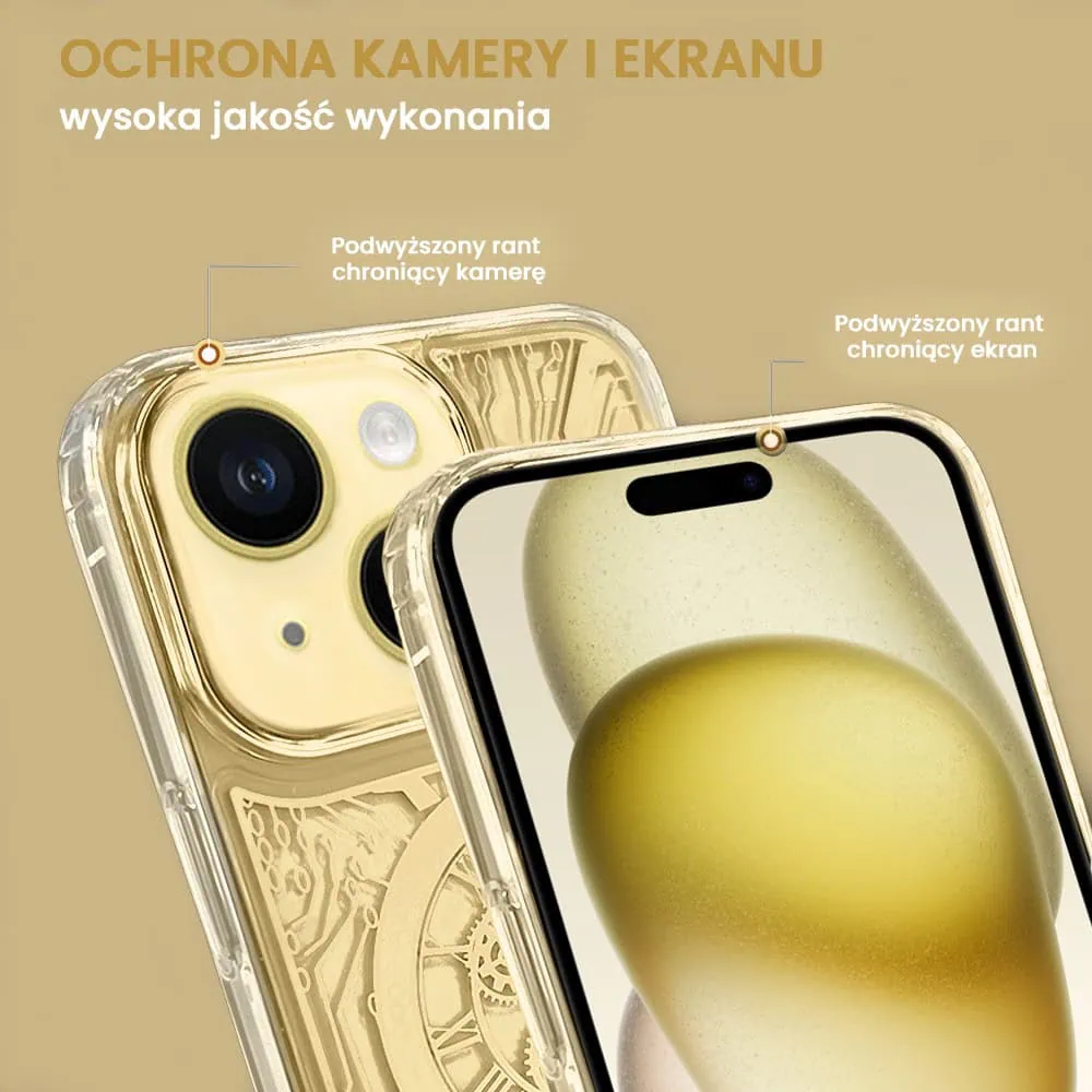 Etui do iPhone 15 Plus ClockWork MagSafe, przeźroczyste z mechanizmem w środku, złote