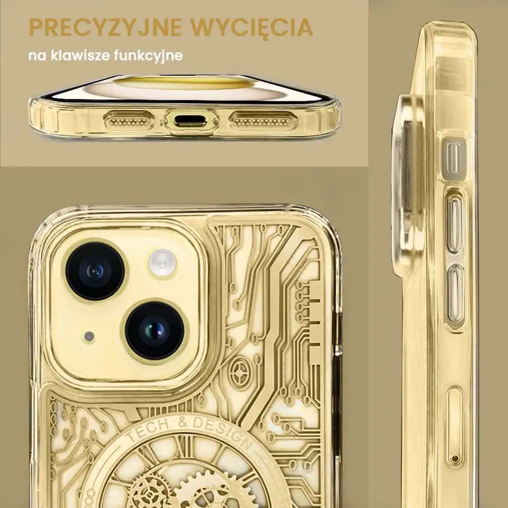 Etui do iPhone 15 Plus ClockWork MagSafe, przeźroczyste z mechanizmem w środku, złote