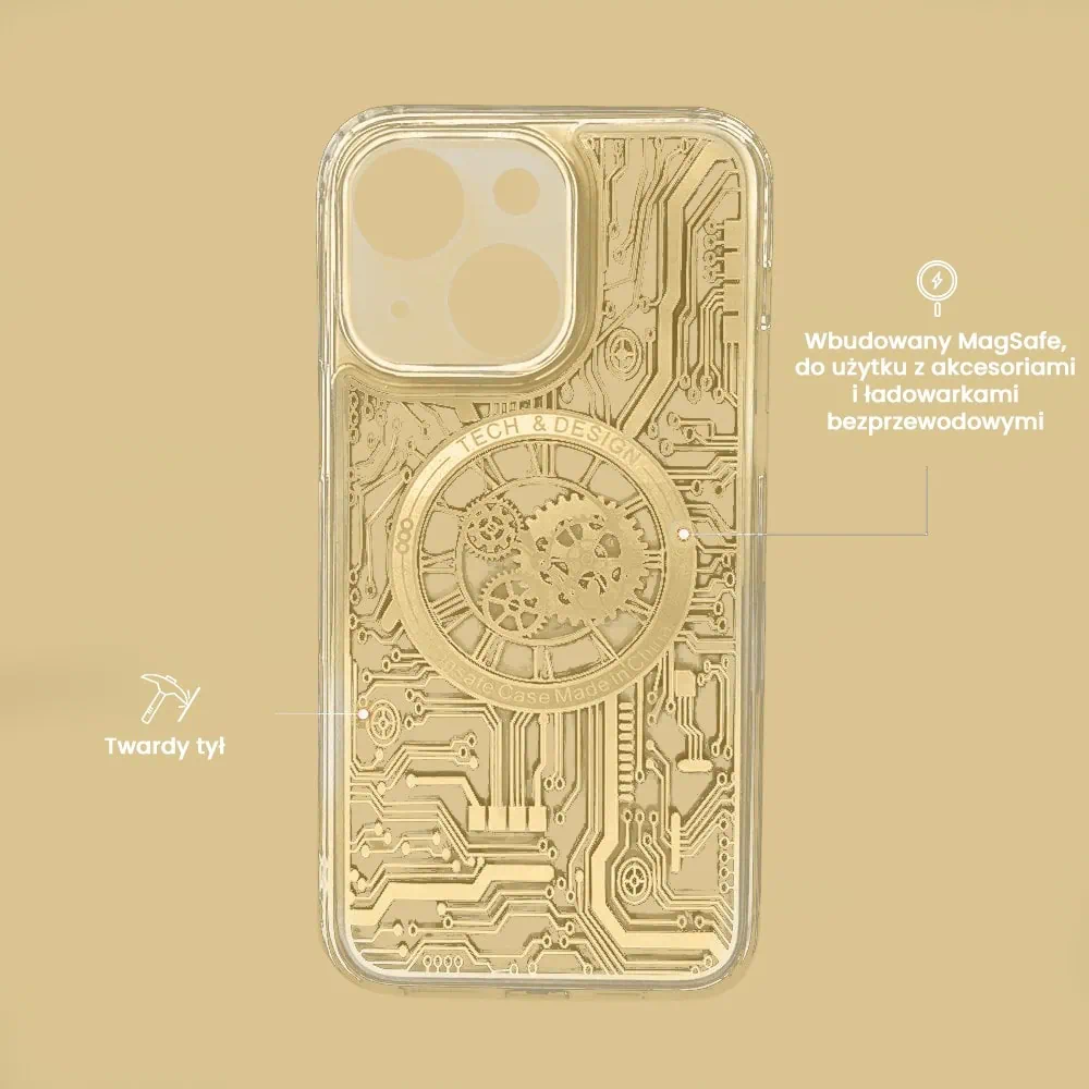 Etui do iPhone 15 Plus ClockWork MagSafe, przeźroczyste z mechanizmem w środku, złote