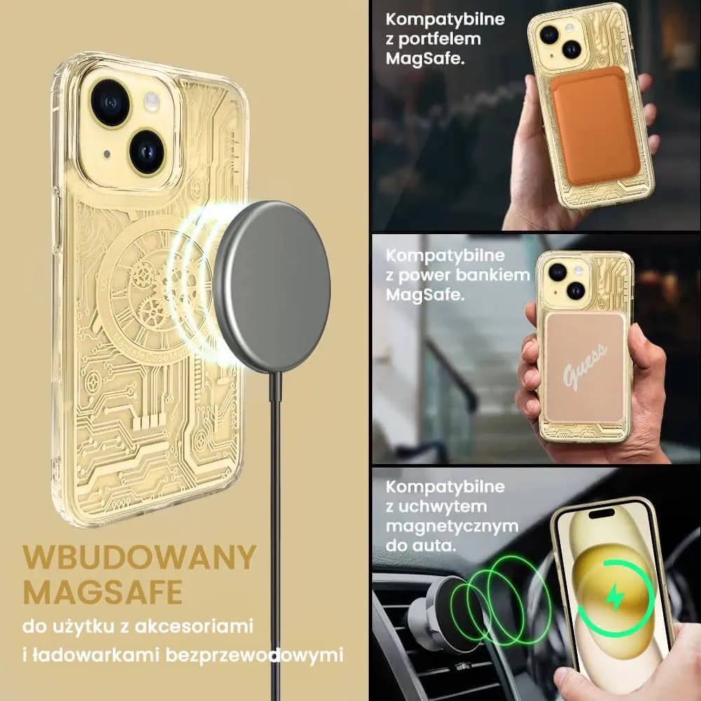 Etui do iPhone 15 Plus ClockWork MagSafe, przeźroczyste z mechanizmem w środku, złote
