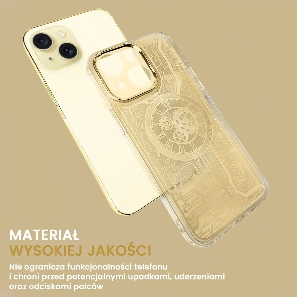 Etui do iPhone 15 Plus ClockWork MagSafe, przeźroczyste z mechanizmem w środku, złote