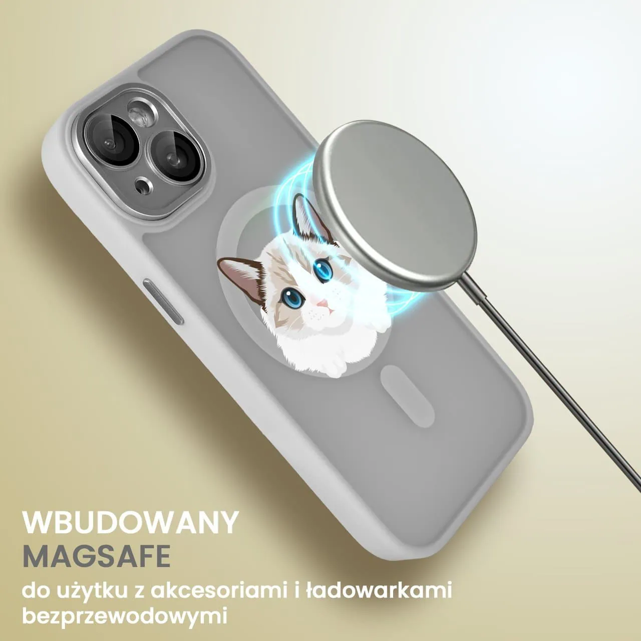 Etui do iPhone 15 Color Flush z Magsafe, z osłoną aparatu, kot birmański, popielate