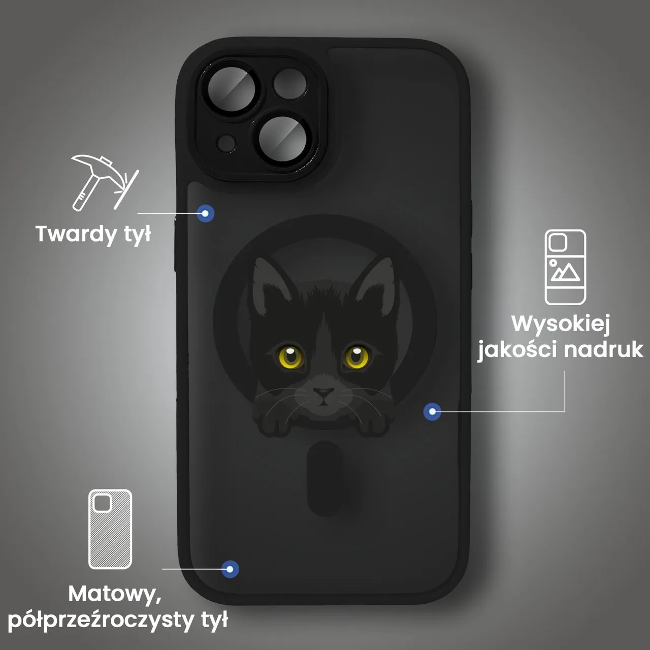 Etui do iPhone 15 Plus Color Flush z Magsafe, z osłoną aparatu, kot bombajski, czarne