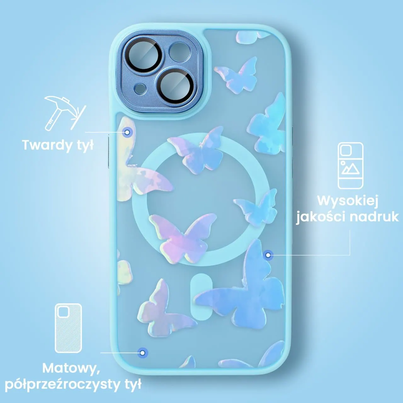 Etui do iPhone 15 Plus Color Flush z Magsafe, z osłoną aparatu, z opalizującym nadrukiem motylki, niebieskie
