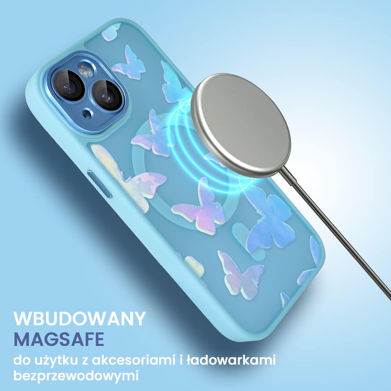 Etui do iPhone 15 Plus Color Flush z Magsafe, z osłoną aparatu, z opalizującym nadrukiem motylki, niebieskie