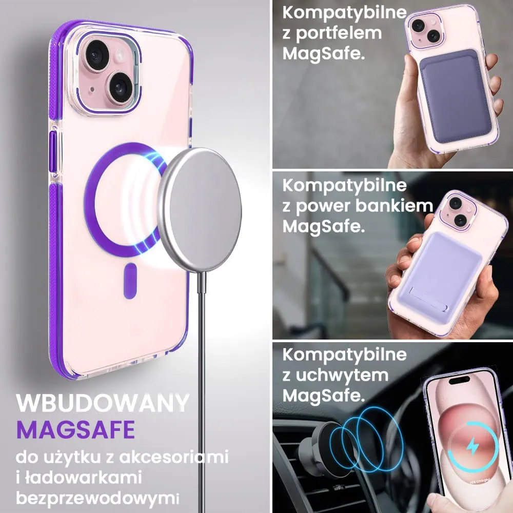 Etui do iPhone 15 Plus Hard Color MagSafe, twardy krystaliczny tył, z podstawką, purpurowe