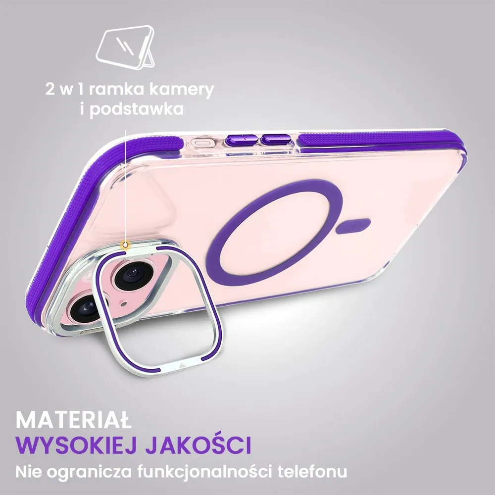 Etui do iPhone 15 Plus Hard Color MagSafe, twardy krystaliczny tył, z podstawką, purpurowe